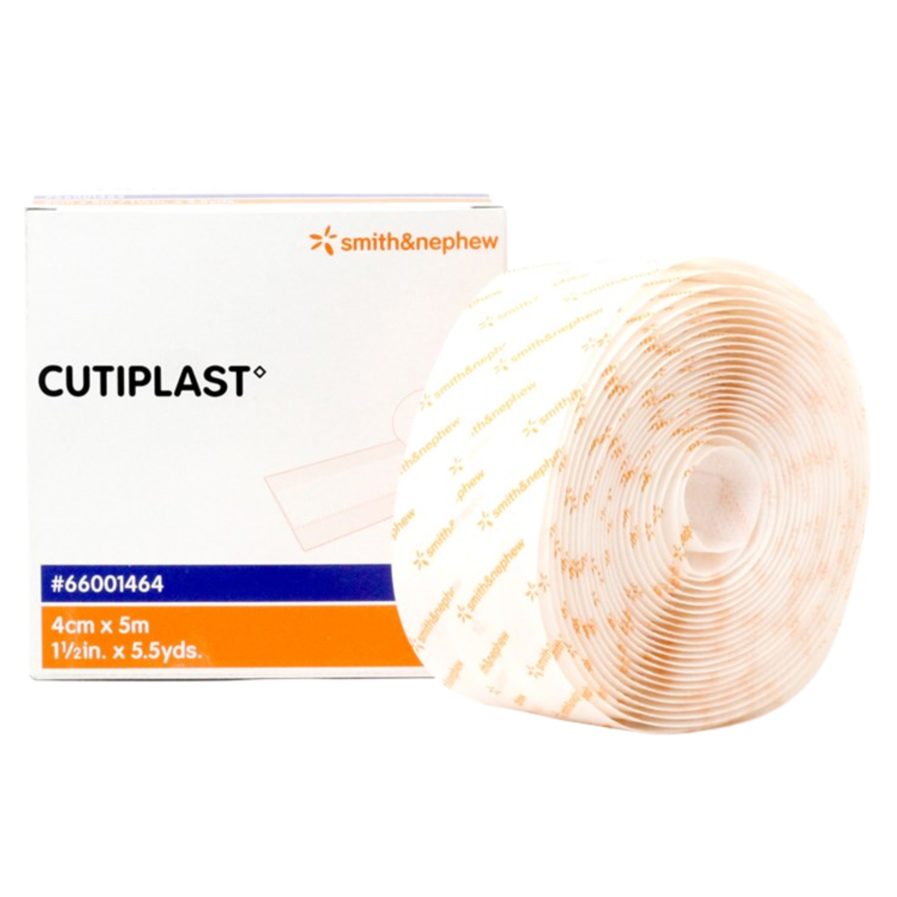 Front view of a 4cm Cutiplast wound dressing roll standing next to the product packaging showing REF 66001464.