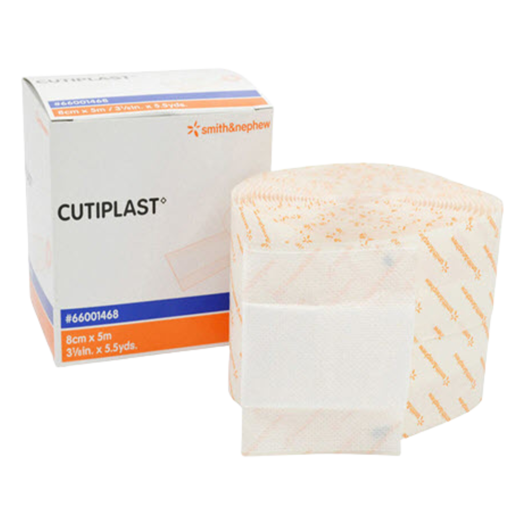An 8cm wide roll of Cutiplast dressing partially unrolled to show the soft absorbent wound pad and adhesive fabric.