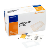 A box of 100 Smith & Nephew CUTIPLAST STERIL adhesive wound dressings, size 7.2cm x 5cm, shown with an individual sterile sachet and an open dressing.