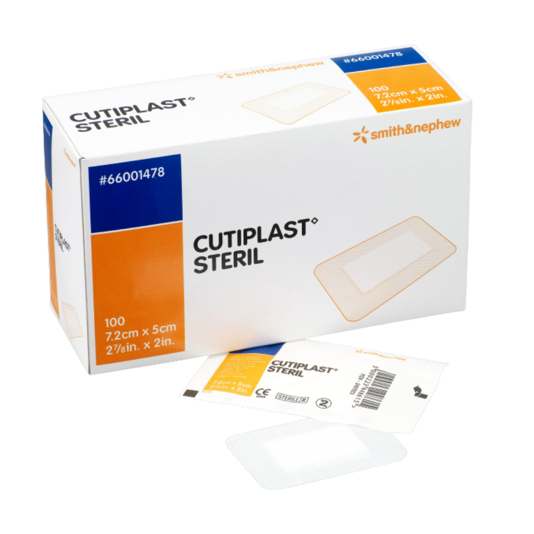 A box of 100 Smith & Nephew CUTIPLAST STERIL adhesive wound dressings, size 7.2cm x 5cm, shown with an individual sterile sachet and an open dressing.