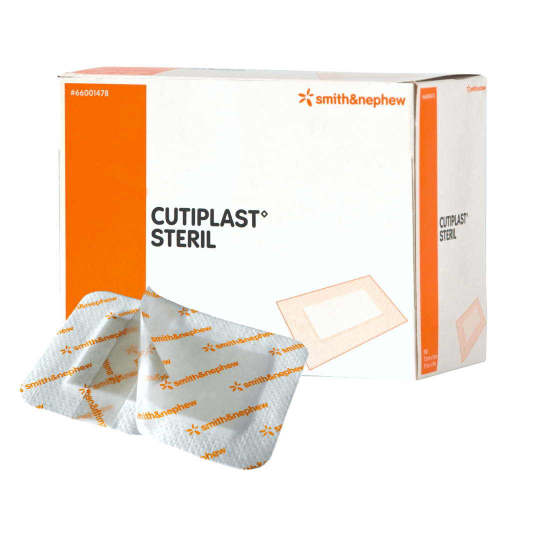 The retail box for Smith & Nephew CUTIPLAST Steril dressings shown with a single individually packaged dressing in the foreground.