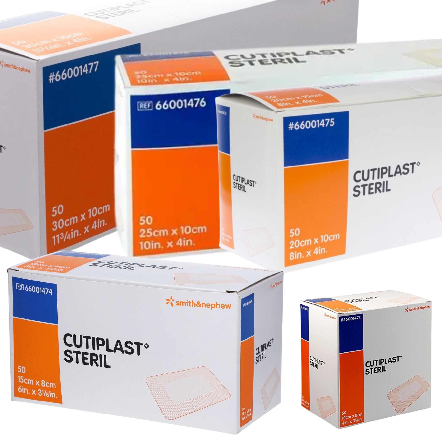 Group photo showing various sizes of Smith & Nephew Cutiplast Steril wound dressing boxes.