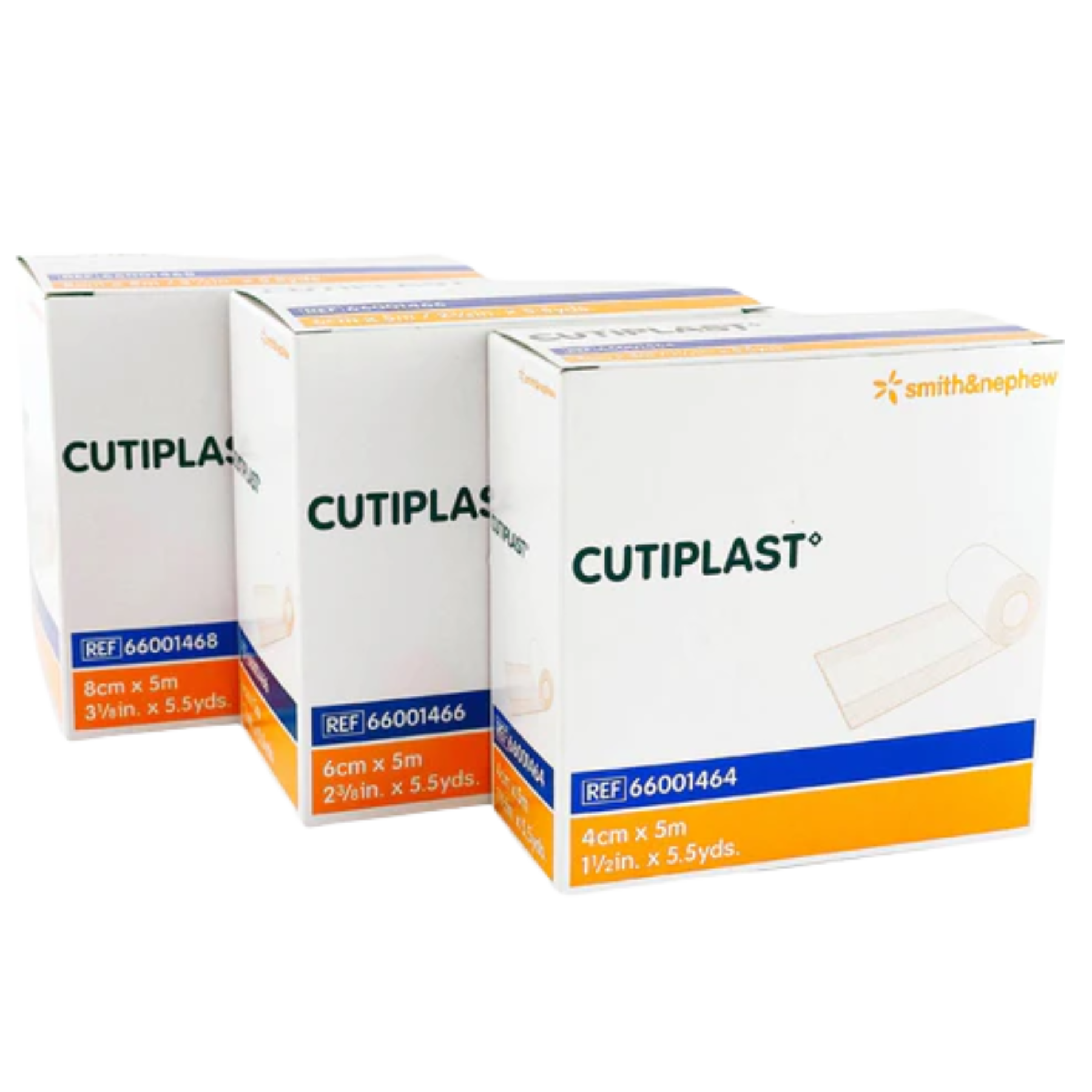Three boxes of Smith and Nephew Cutiplast dressing in 4cm, 6cm, and 8cm widths lined up against a grey background.