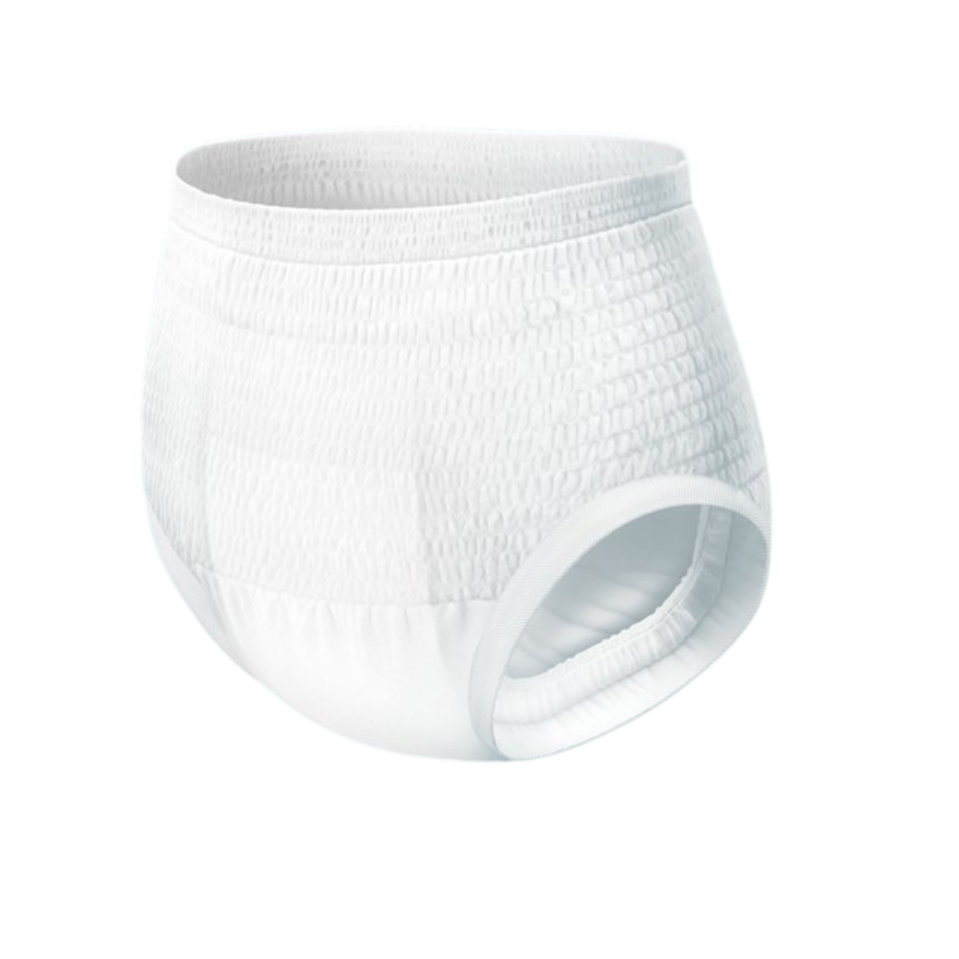 Isolated image of a single white Depend Expert Care Underwear Maxi, showing the elastic waistband and leg cuffs.