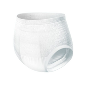 Isolated image of a single white Depend Expert Care Underwear Maxi, showing the elastic waistband and leg cuffs.