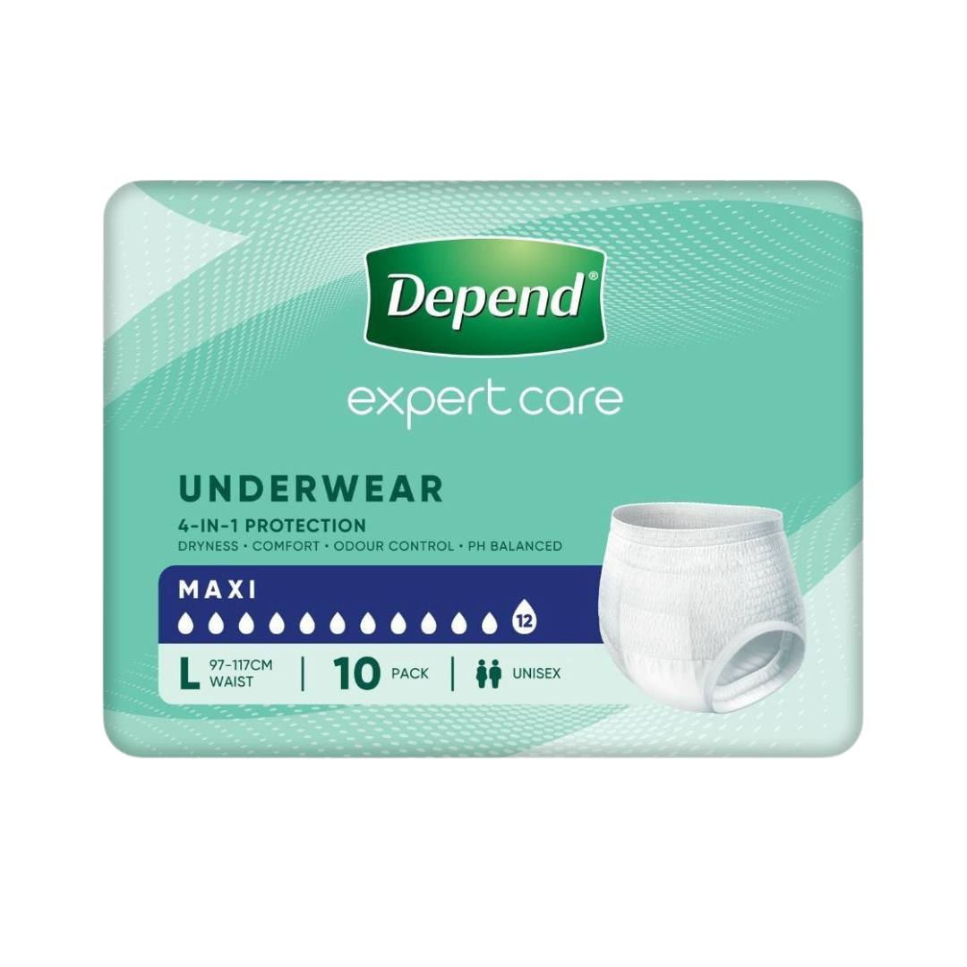 Packaging for Depend Expert Care Underwear Maxi, Large size (97-117cm waist), 10 pack, featuring 4-in-1 protection and unisex design.