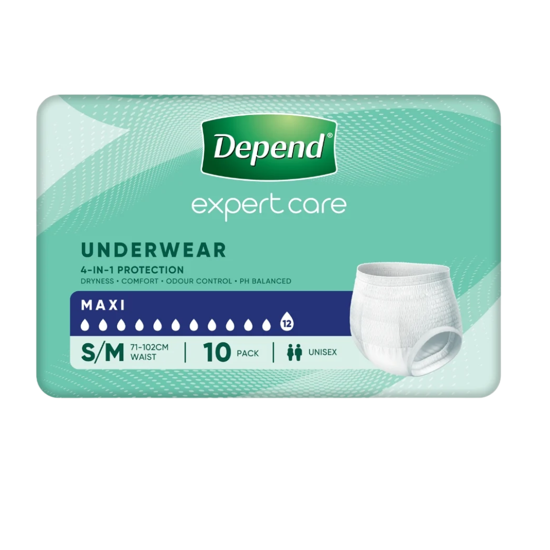 Packaging for Depend Expert Care Underwear Maxi, Small/Medium size (71-102cm waist), 10 pack, featuring 4-in-1 protection and unisex design.