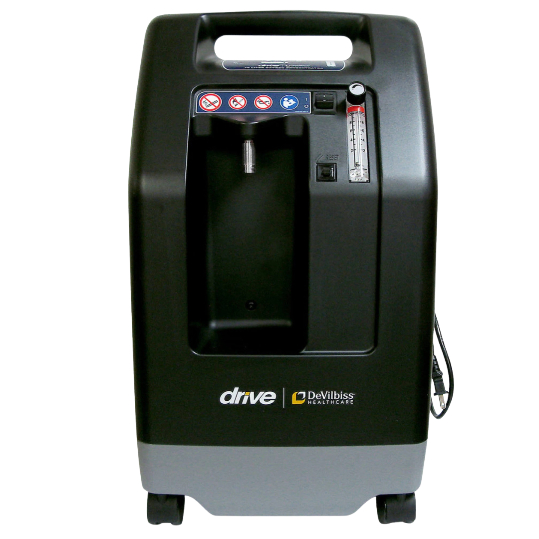 Front view of Drive DeVilbiss Oxygen Concentrator, a portable medical device designed to deliver continuous oxygen therapy for patients with respiratory conditions.
