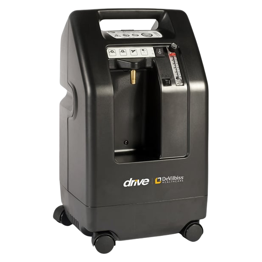 Side angle of Drive DeVilbiss Oxygen Concentrator featuring flow meter and control panel, ideal for home and clinical oxygen therapy.
