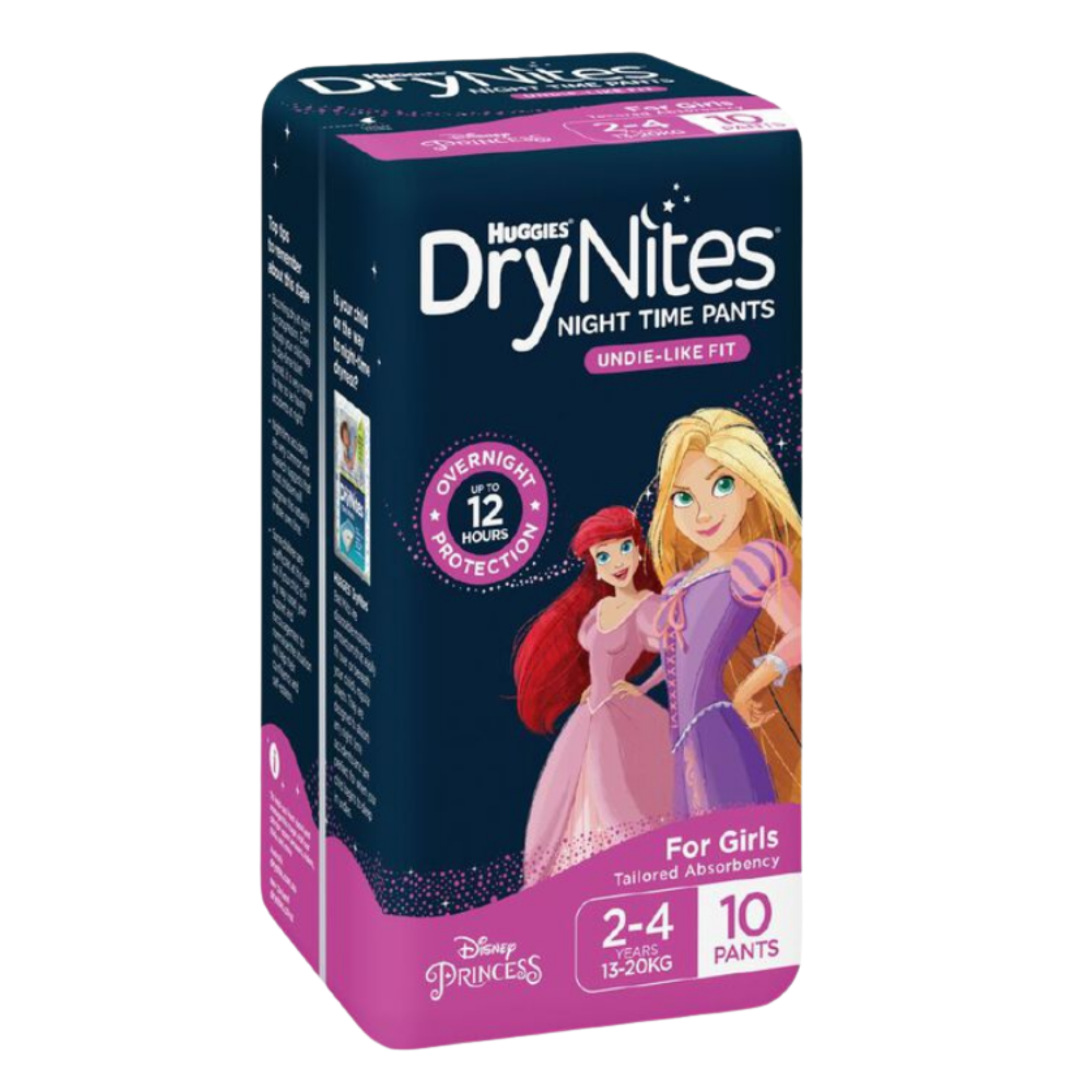 Angled view of Huggies DryNites 10-pack for girls featuring Ariel and Rapunzel with "Undie-Like Fit" branding.