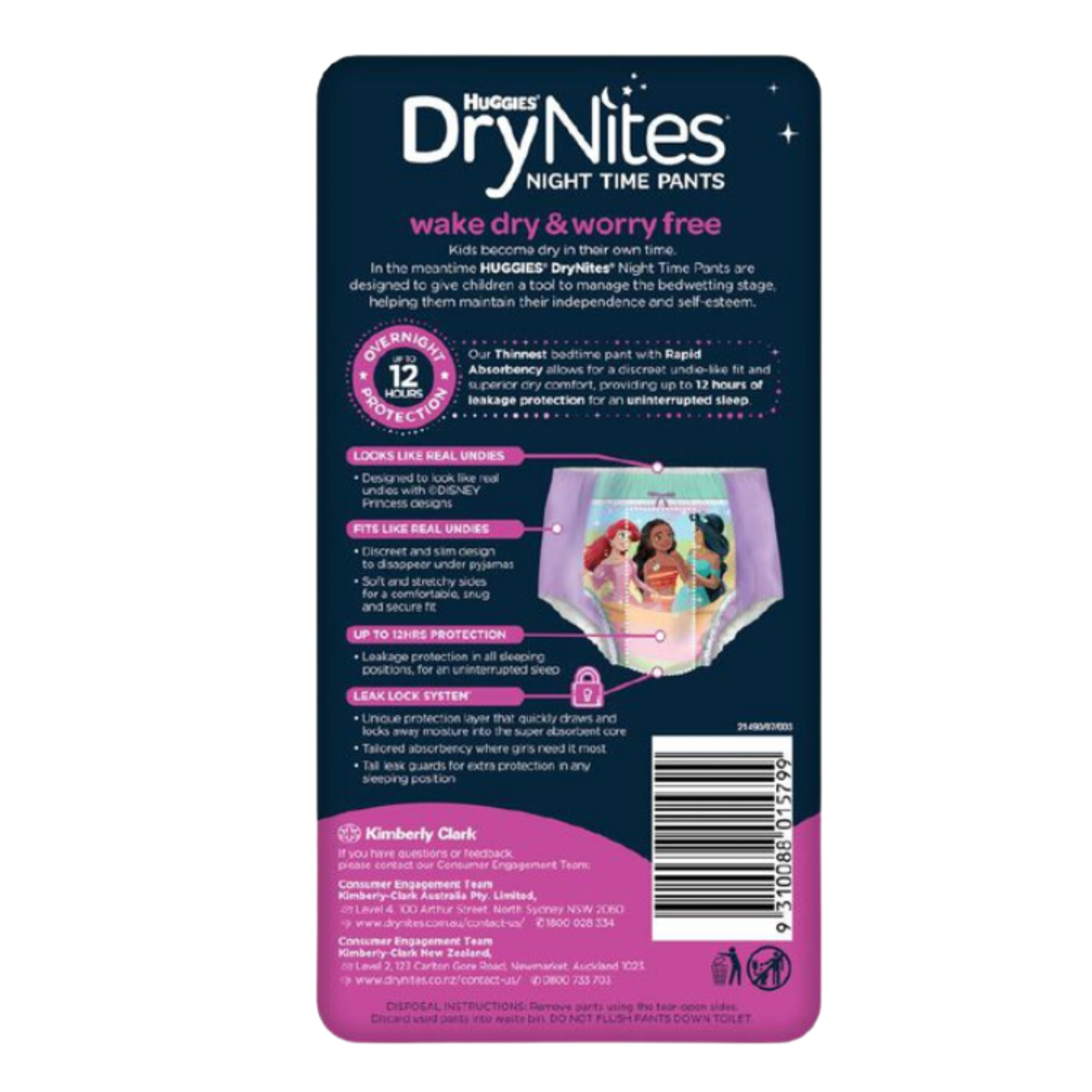 Back of Huggies DryNites packaging detailing features like the Leak Lock System, 12-hour protection, and Disney Princess designs.