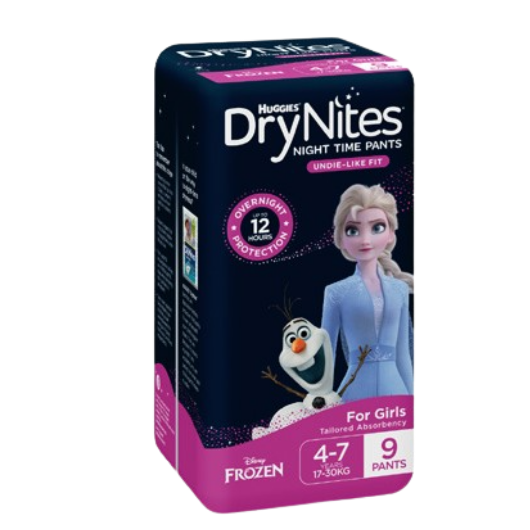 Angled view of a 9-pack of Huggies DryNites for girls, showcasing the "Undie-Like Fit" and 12-hour overnight protection guarantee.