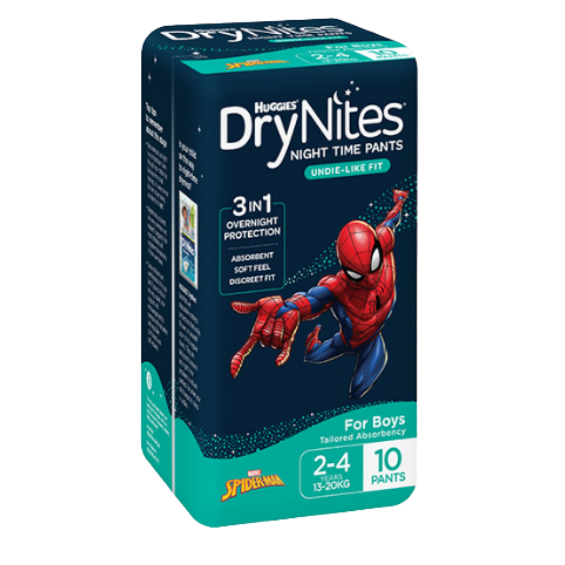 A 3/4 angled view of the Huggies DryNites 10-pack box for boys, highlighting 3-in-1 overnight protection features and tailored absorbency.