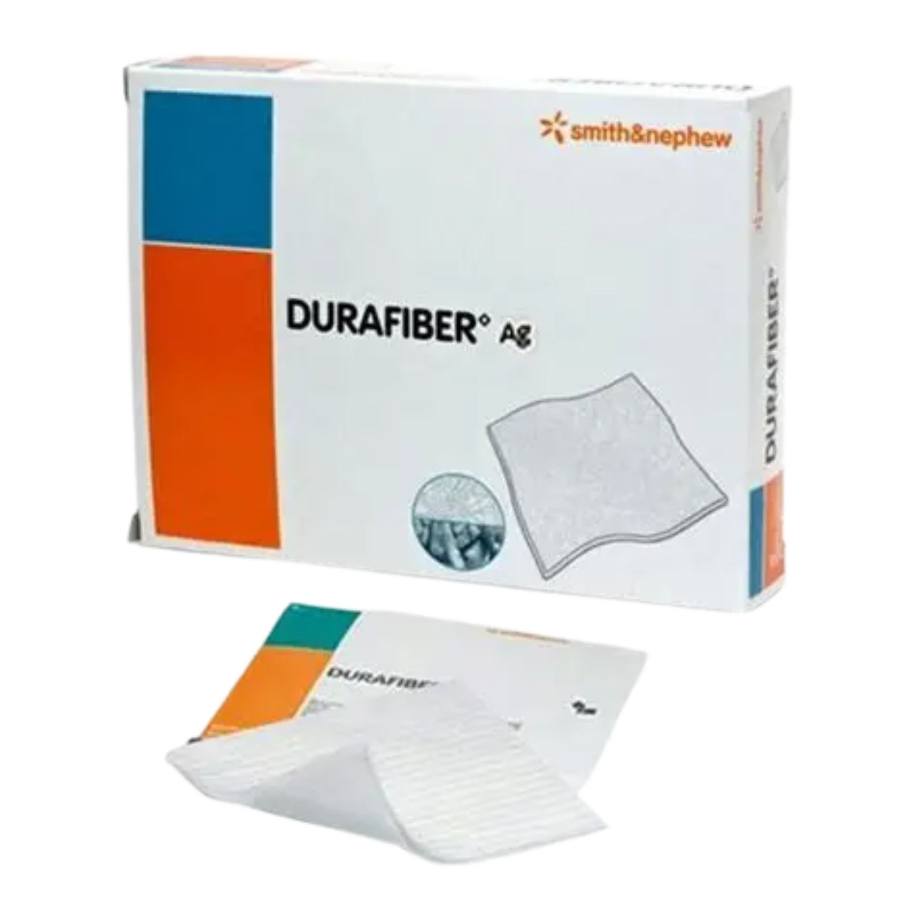 A white and orange retail box of Smith & Nephew DURAFIBER Ag dressings shown with an individual sterile pouch and a dressing partially removed.