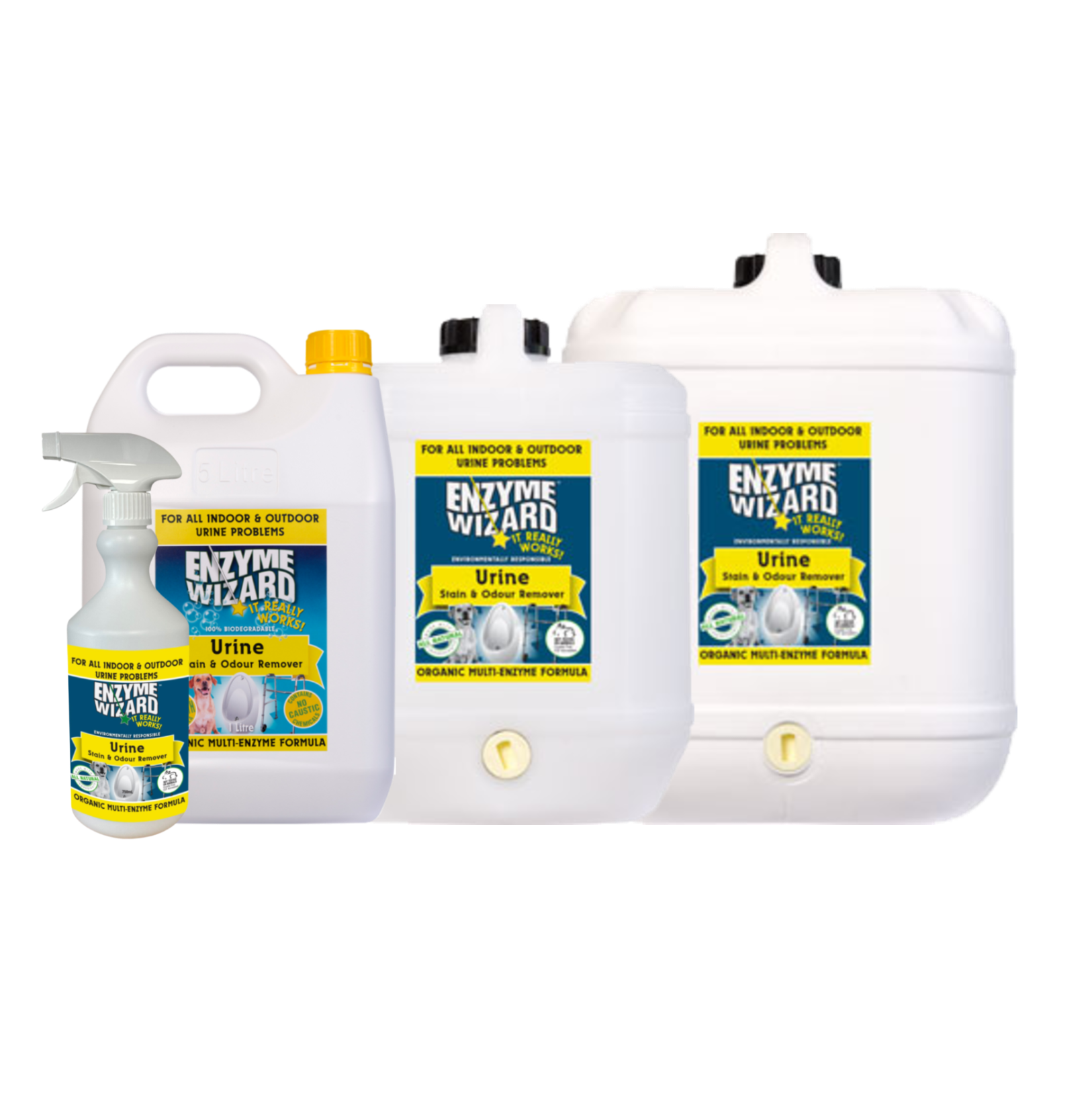 A group shot of the Enzyme Wizard Urine Stain and Odour Remover range, including spray bottle and various bulk sizes.