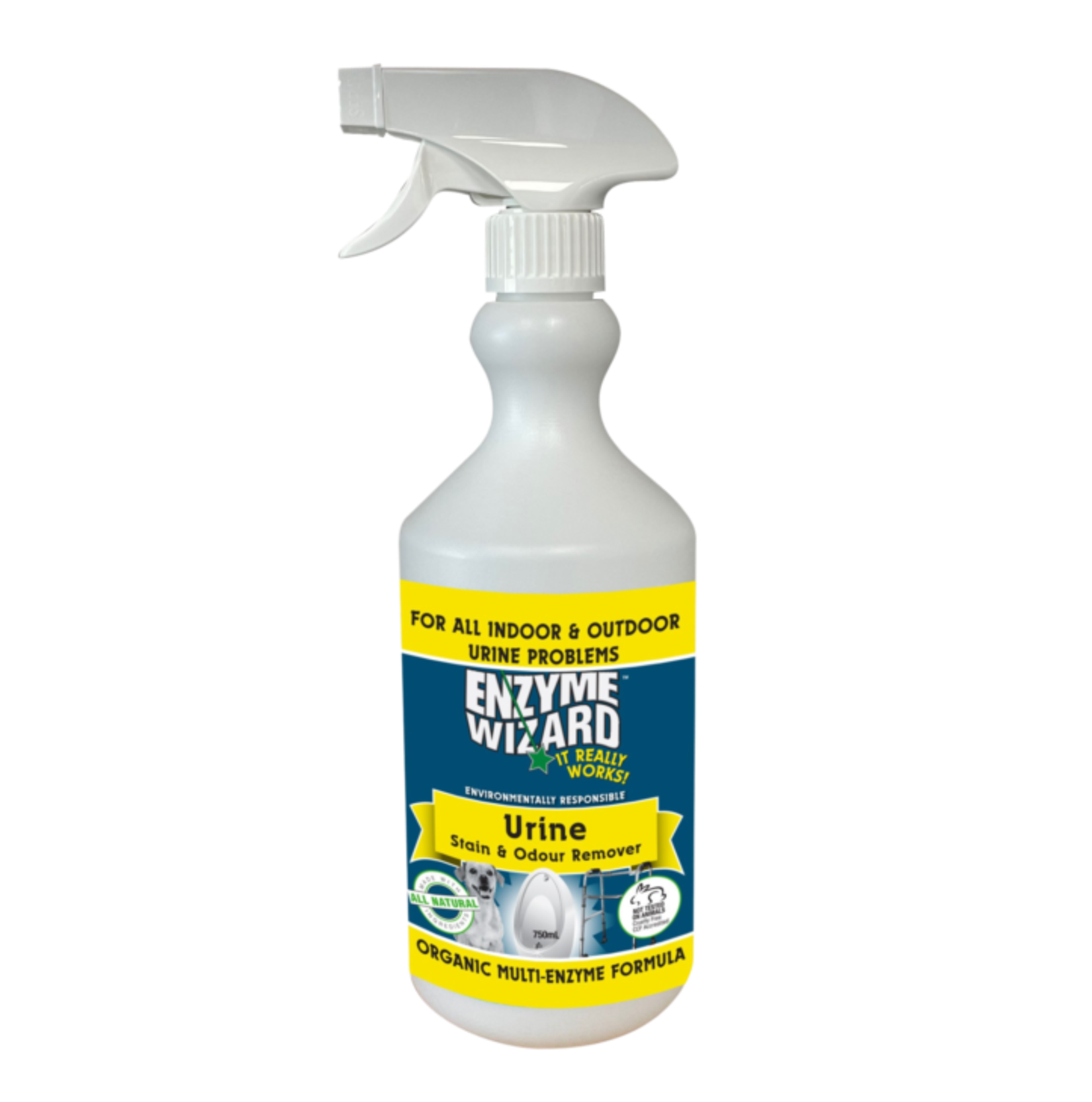 A 750ml spray bottle of Enzyme Wizard Urine Stain & Odour Remover, featuring an organic multi-enzyme formula for indoor and outdoor urine problems.