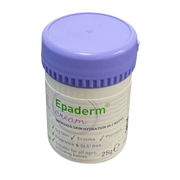 A small 25g tub of Epaderm Cream with a purple lid, labeled for dry skin, eczema, and psoriasis.