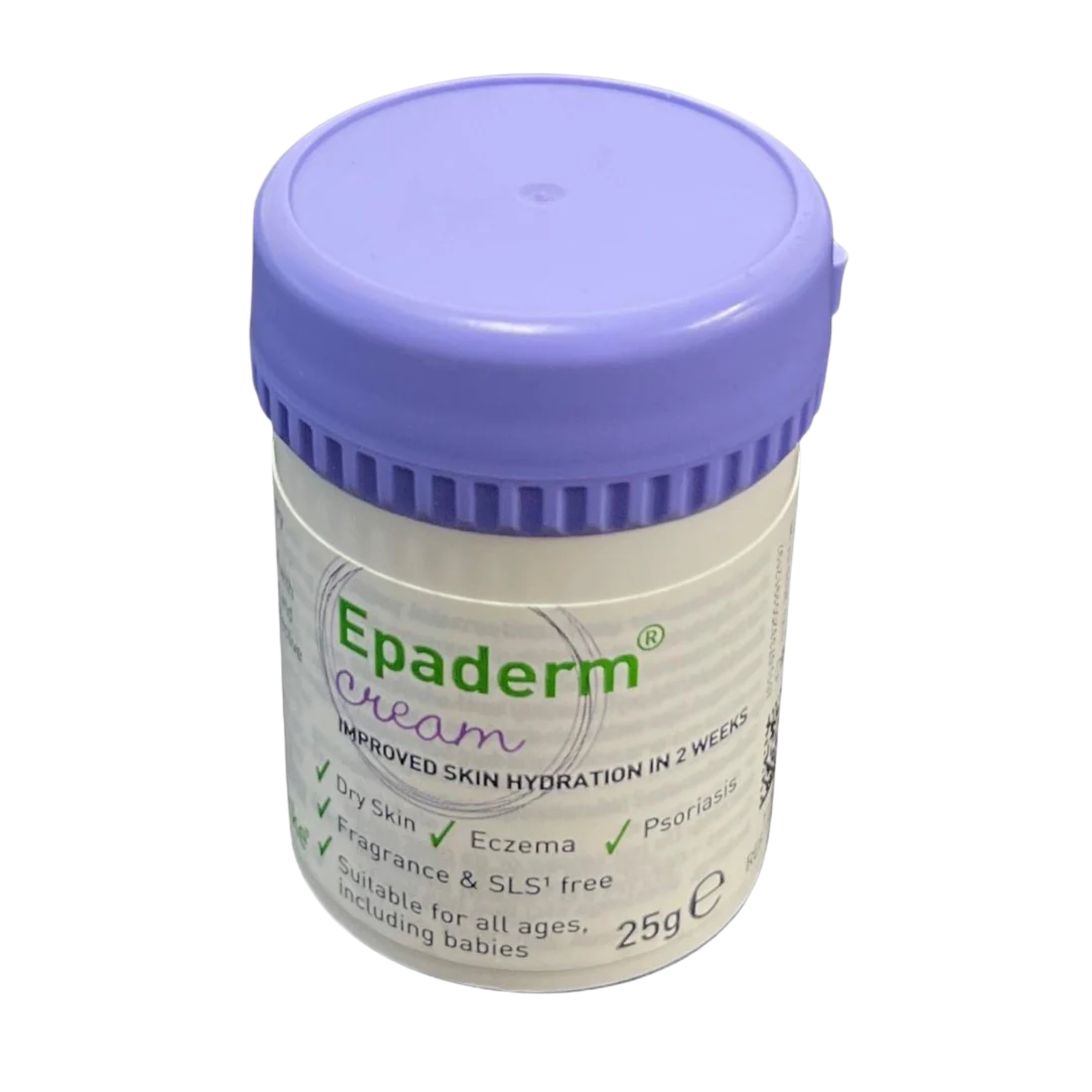 A small 25g tub of Epaderm Cream with a purple lid, labeled for dry skin, eczema, and psoriasis.