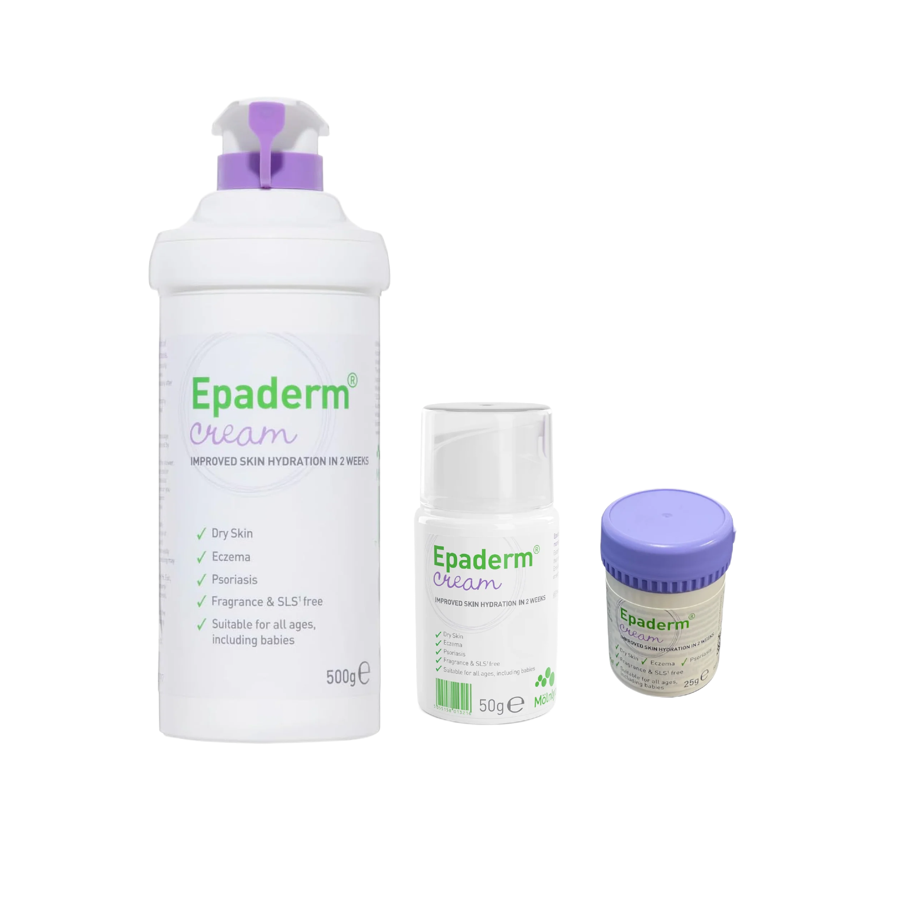 Three different sizes of Epaderm Cream: a 500g pump bottle, a 50g dispenser, and a 25g travel tub.