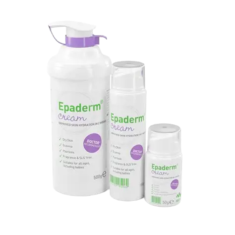 Studio shot of the 500g Epaderm Cream container, highlighting its non-greasy formula suitable for use as both a daily moisturizer and a soap substitute.
