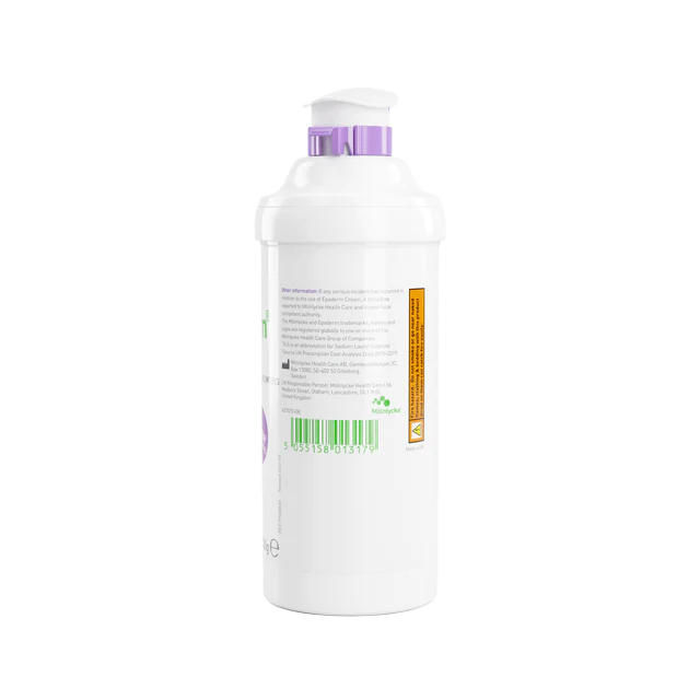 Large 500g bottle of Epaderm Cream with a convenient pump dispenser, showing the clinical branding for professional and home-based dermatological care.