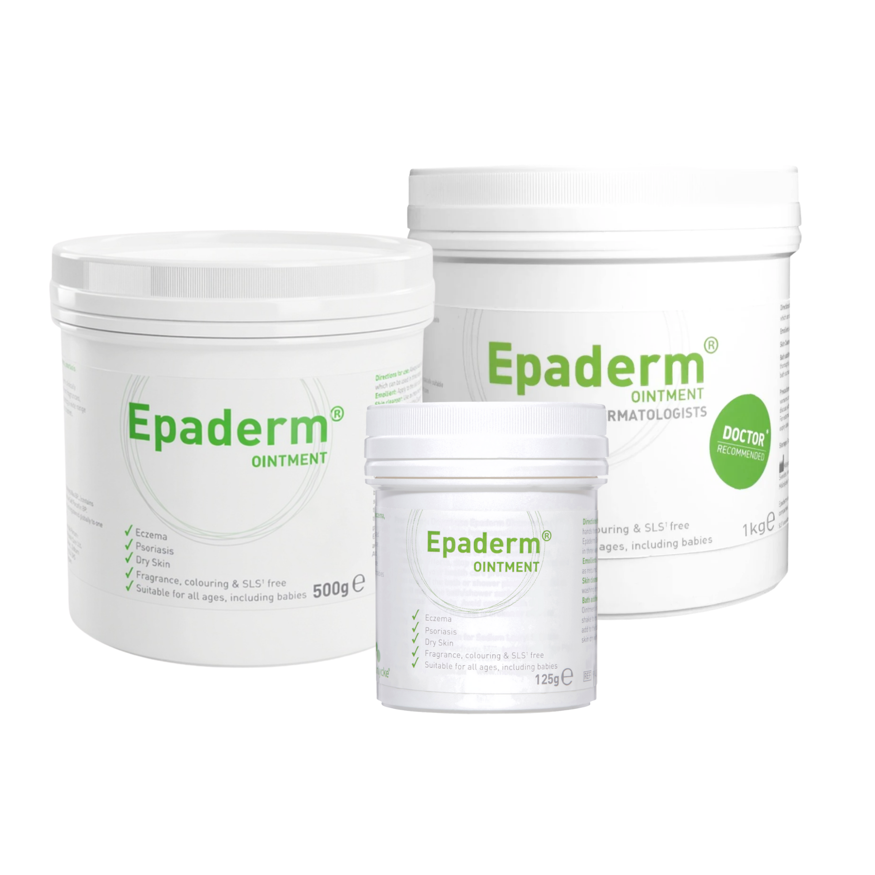 Informational graphic showing Epaderm Ointment used as a skin cleanser, bath additive, and leave-on emollient for total dry skin management.