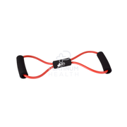 Angled view of the ILS Physio Red Medium Figure 8 Exercise Tube, highlighting its flexible tubing and comfortable grip handles