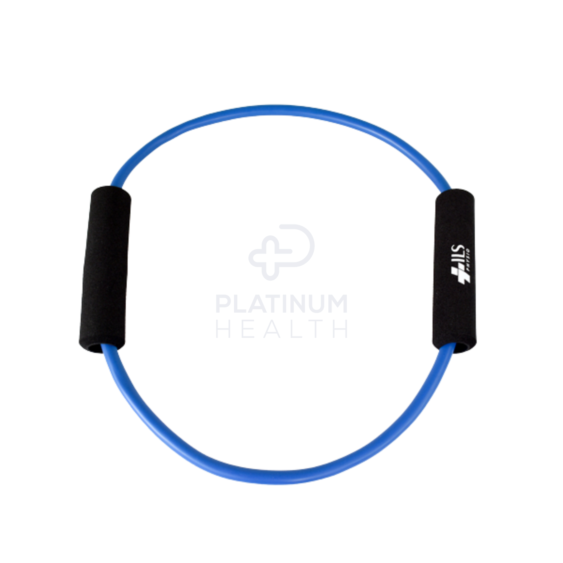 Flatlay view of the ILS Physio Firm Blue Exercise Tube O-Ring, showcasing its durable looped design and firm resistance level for strength training and rehabilitation