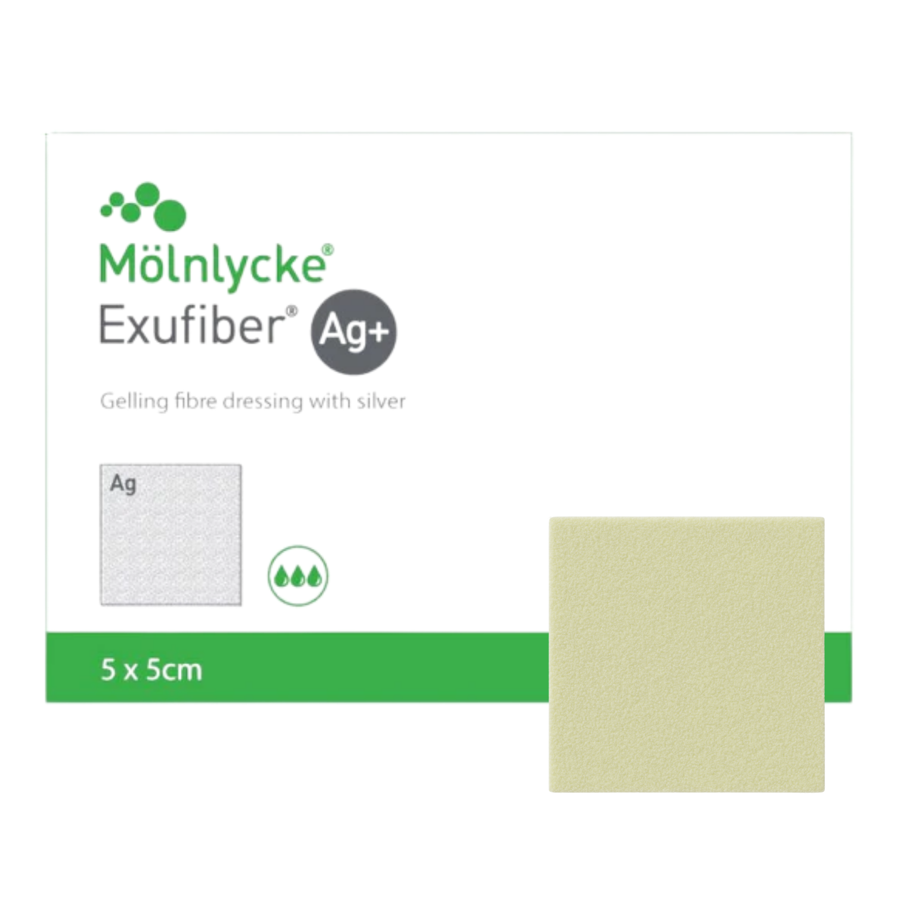 A white and green box of Mölnlycke Exufiber Ag plus gelling fibre dressing with silver in size 2 by 45 cm.