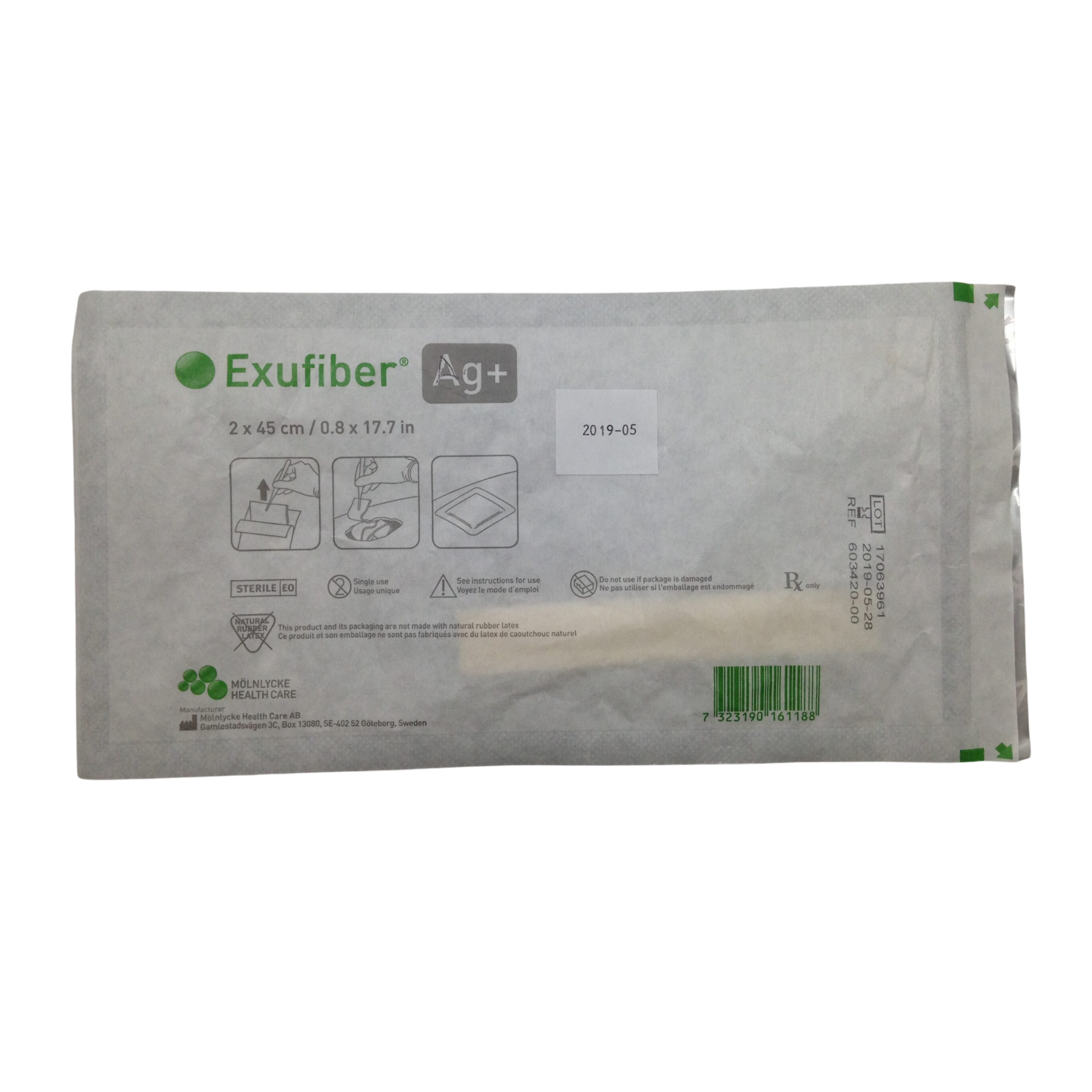 The sterile individual paper packaging for an Exufiber Ag plus 2 by 45 cm dressing, including application diagrams and expiry information.