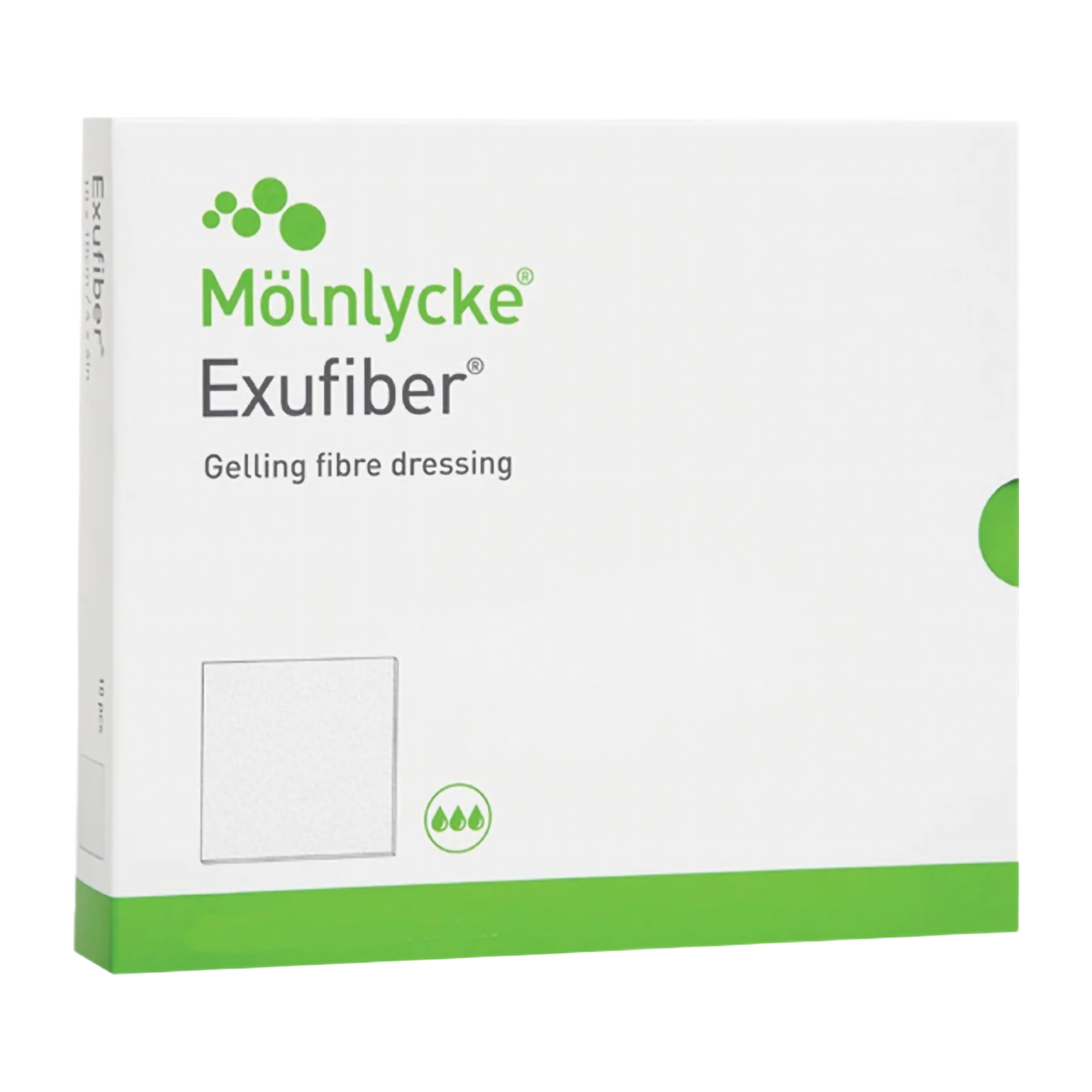 A Mölnlycke Exufiber gelling fibre dressing placed in front of its original white and green product box.
