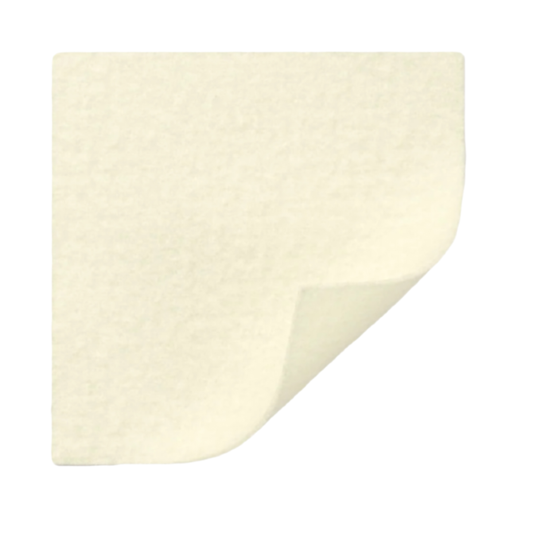 A close-up of a square, soft-textured Exufiber gelling fibre dressing with one corner partially folded back.