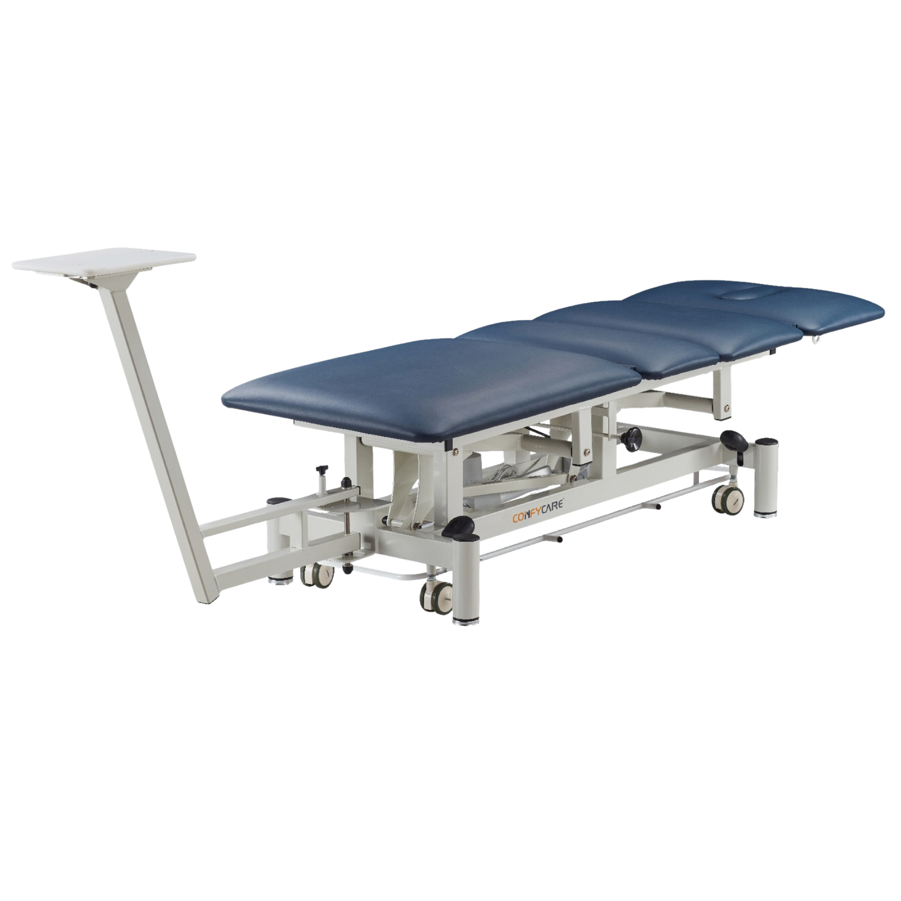 Four Section Physio Traction Treatment Couch in Navy Blue with adjustable height and heavy-duty frame.