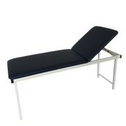Free-standing black medical treatment couch with a white heavy-duty frame and adjustable backrest.