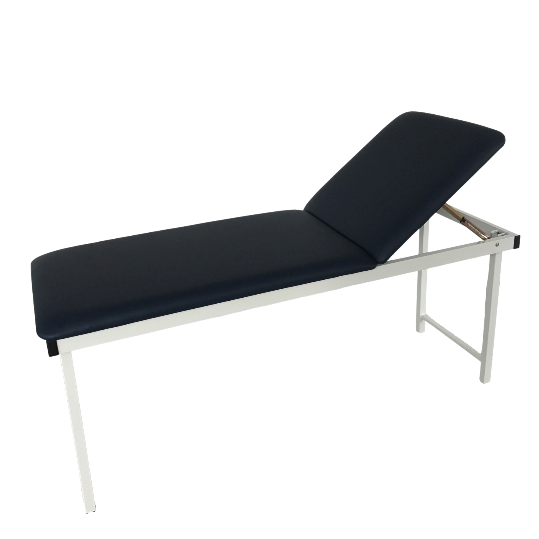 Free-standing black medical treatment couch with a white heavy-duty frame and adjustable backrest.