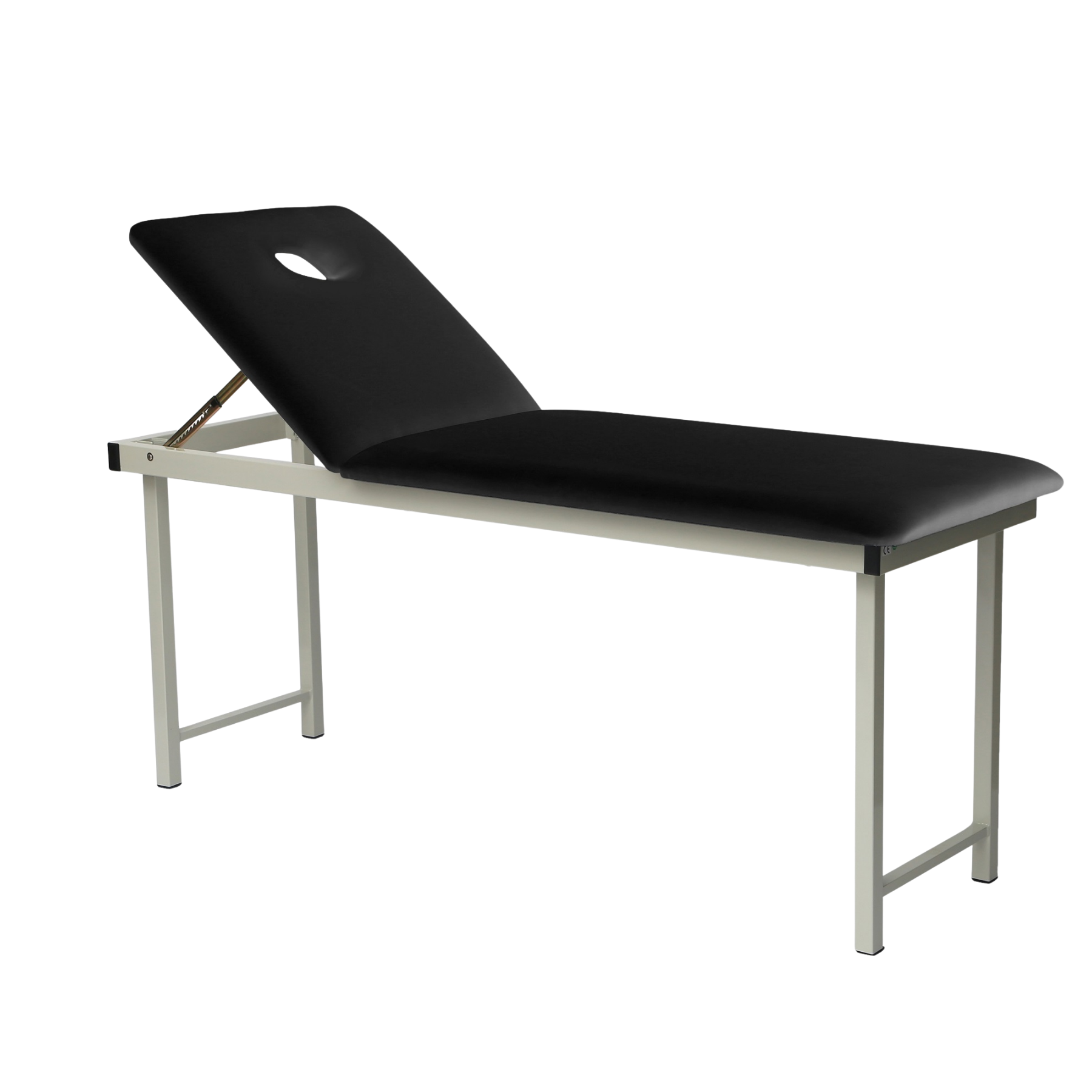Free standing medical treatment couch with black upholstery, integrated breath hole, and white metal frame
