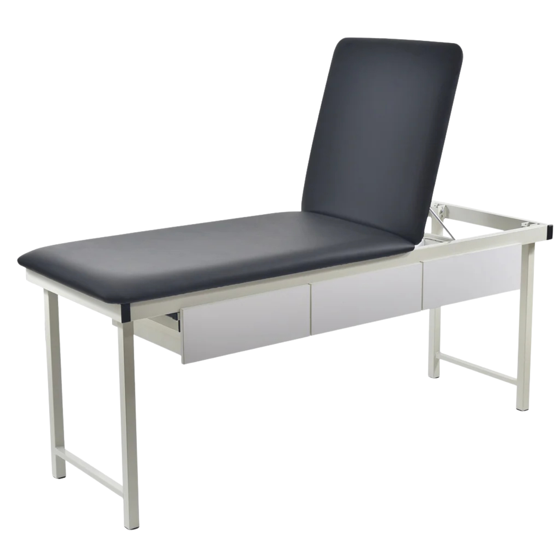Free-standing medical treatment couch with black upholstery, integrated storage drawers, and an adjustable backrest.