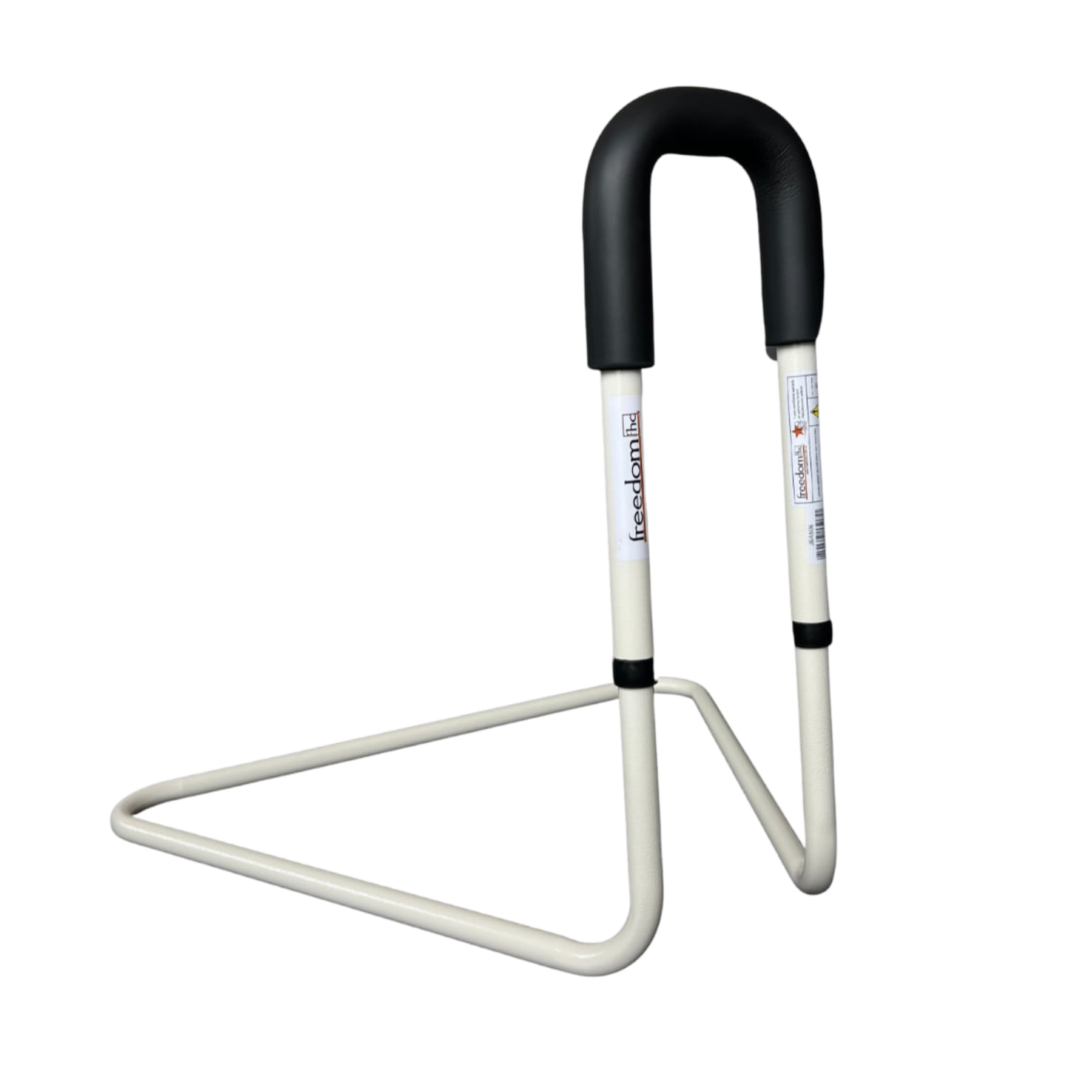 A portable bed transfer aid featuring a U-shaped padded handle and a sturdy white metal frame for assisting users in getting in and out of bed.