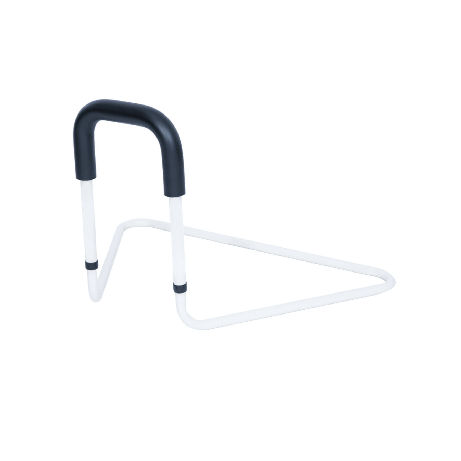 : A white tubular steel bed stick with a black foam-covered handle and a large triangular base designed to slide under a mattress for stability.