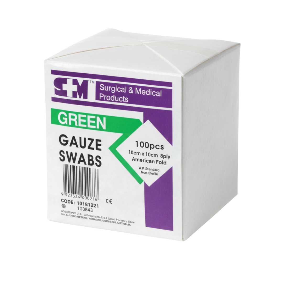 Box of Green Gauze Swabs, size 10cm x 10cm, 8-ply, 100 pieces, non-sterile, American Fold, suitable for surgical and medical applications.
