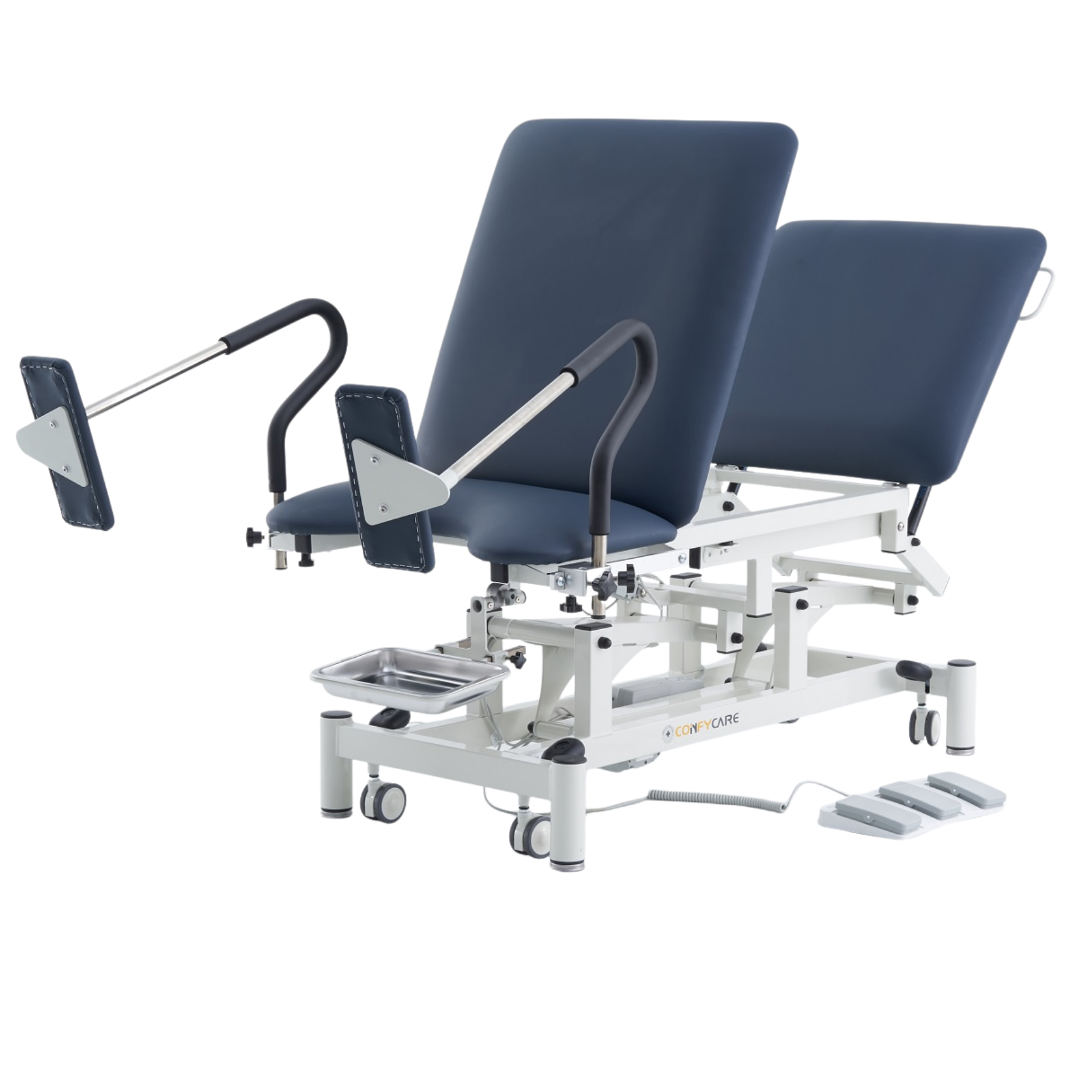Gynaecology Premium Treatment Couch in Navy Blue featuring adjustable padded leg supports and a stainless steel debris tray.
