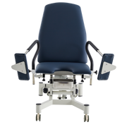 Gynaecology Treatment Couch in Navy Blue featuring adjustable padded leg supports and a stainless steel debris tray.
