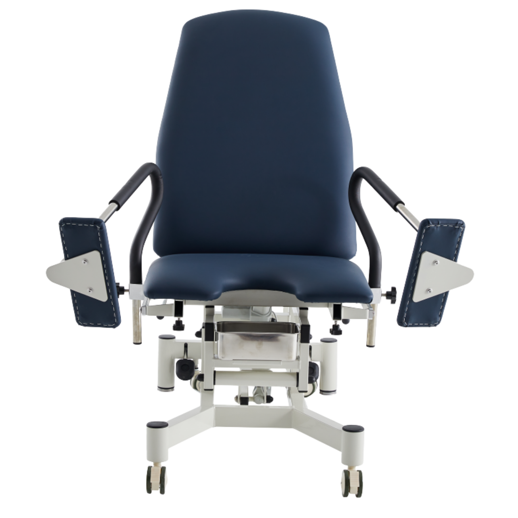 Gynaecology Treatment Couch in Navy Blue featuring adjustable padded leg supports and a stainless steel debris tray.
