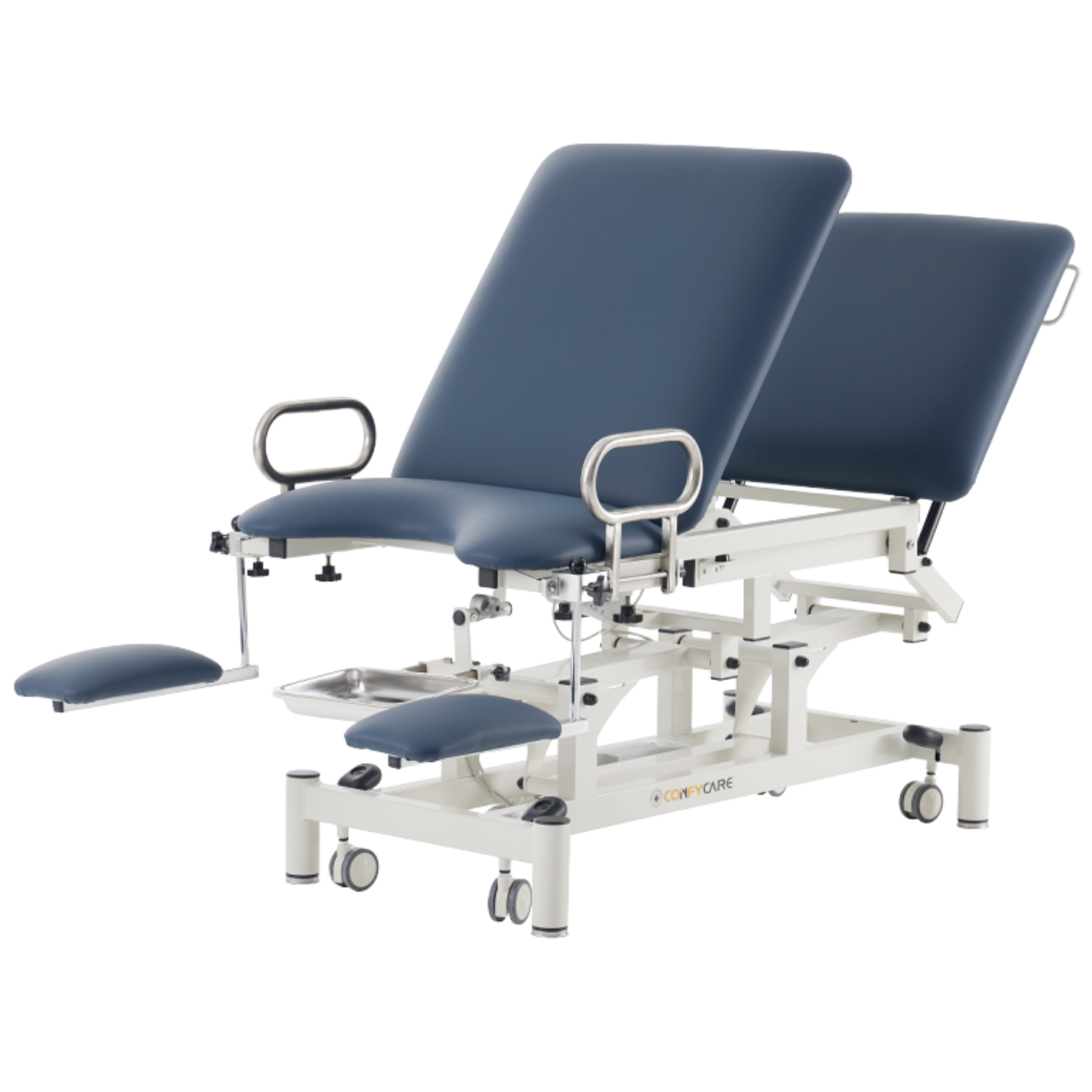 Professional Gynaecology treatment table with navy blue upholstery, featuring flat adjustable leg rests and an electric lift system.