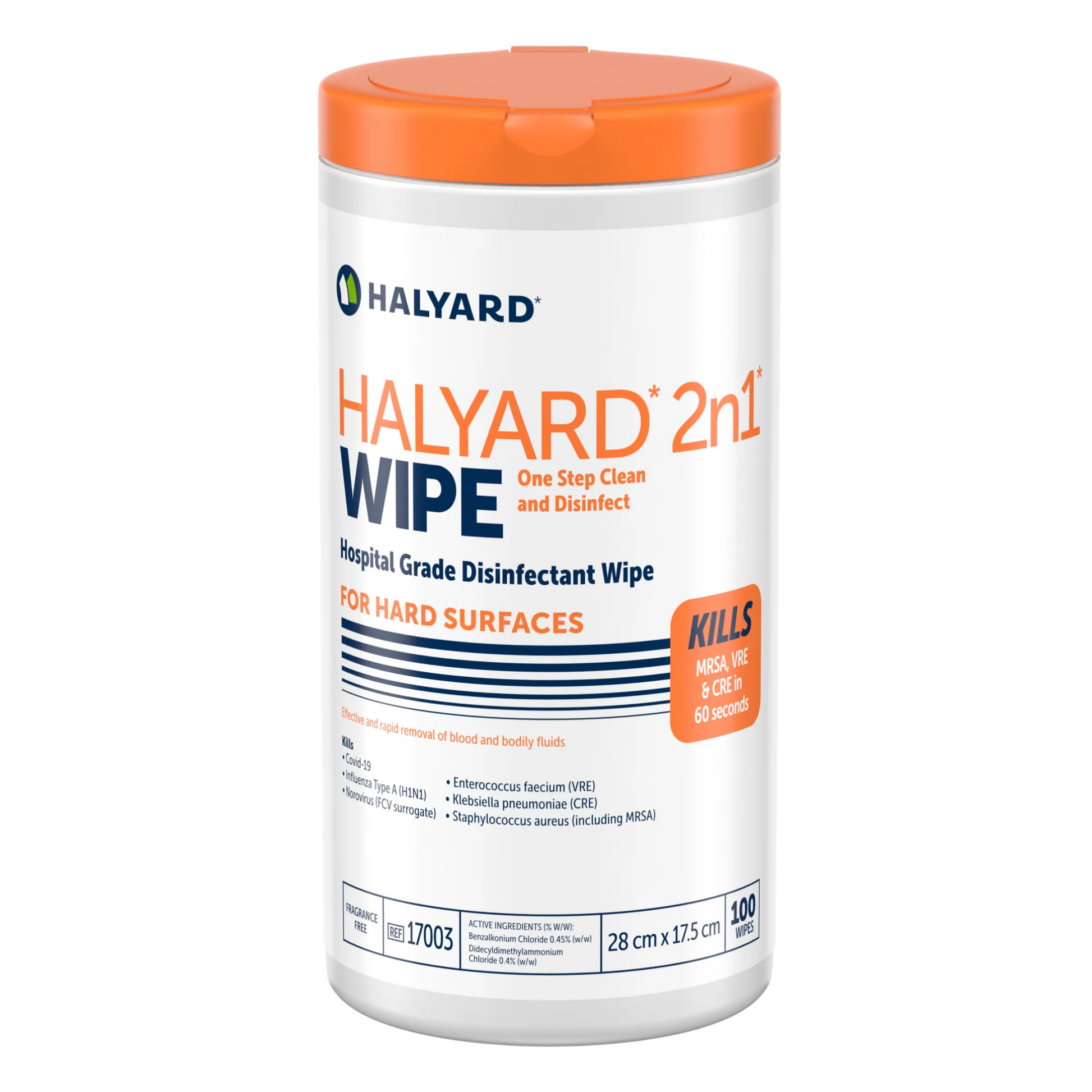 HALYARD 2n1 Wipe container with orange lid on a white background