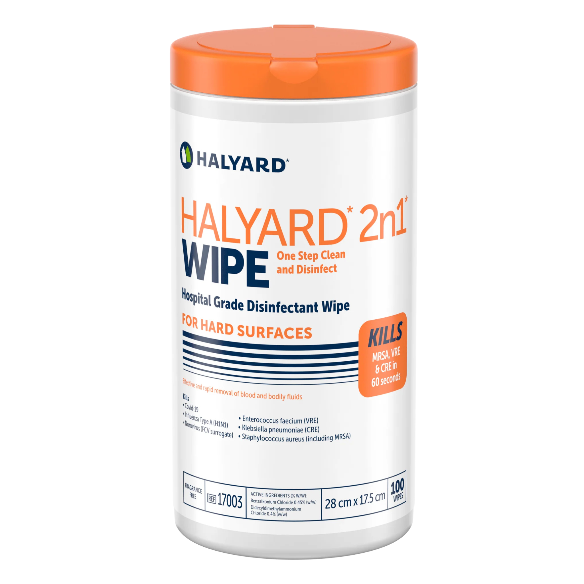 HALYARD 2n1 Wipe container with orange lid on a white background