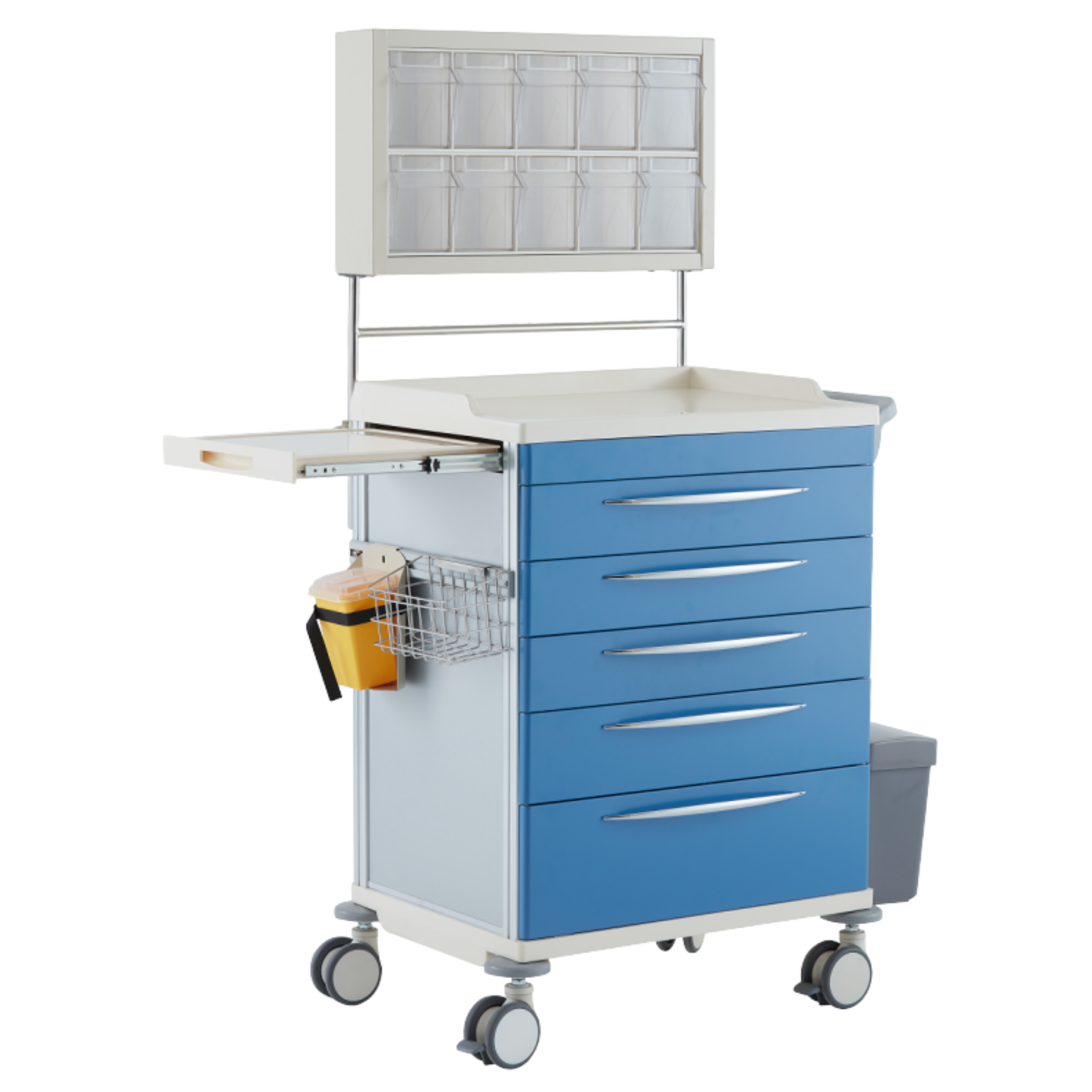 Side angle of a medical anesthesia cart featuring universal accessory rails, a side-mounted waste bin, and anti-static locking casters for operating room mobility.