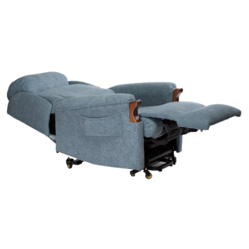 Oscar Hudson Lift Recliner Chair in blue VersoTela fabric, fully reclined