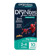 Front view of Huggies DryNites Night Time Pants packaging for boys aged 2-4 years (13-20kg), featuring Marvel Spider-Man branding and "Undie-Like Fit" text.