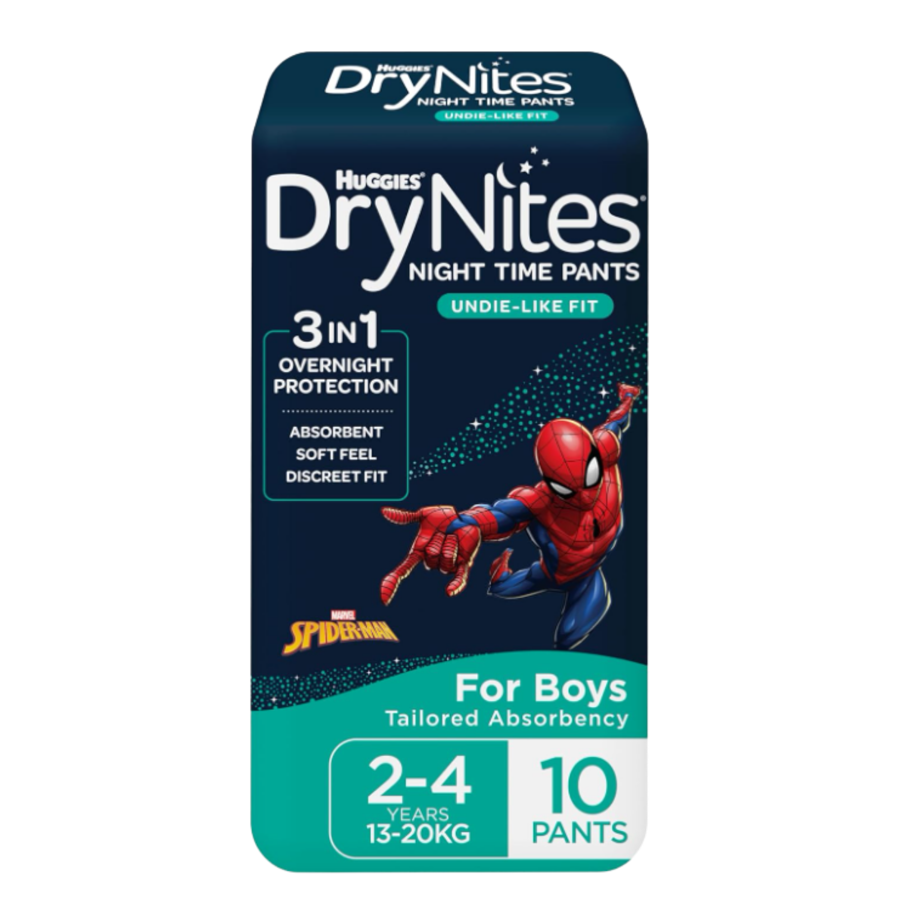 Front view of Huggies DryNites Night Time Pants packaging for boys aged 2-4 years (13-20kg), featuring Marvel Spider-Man branding and "Undie-Like Fit" text.